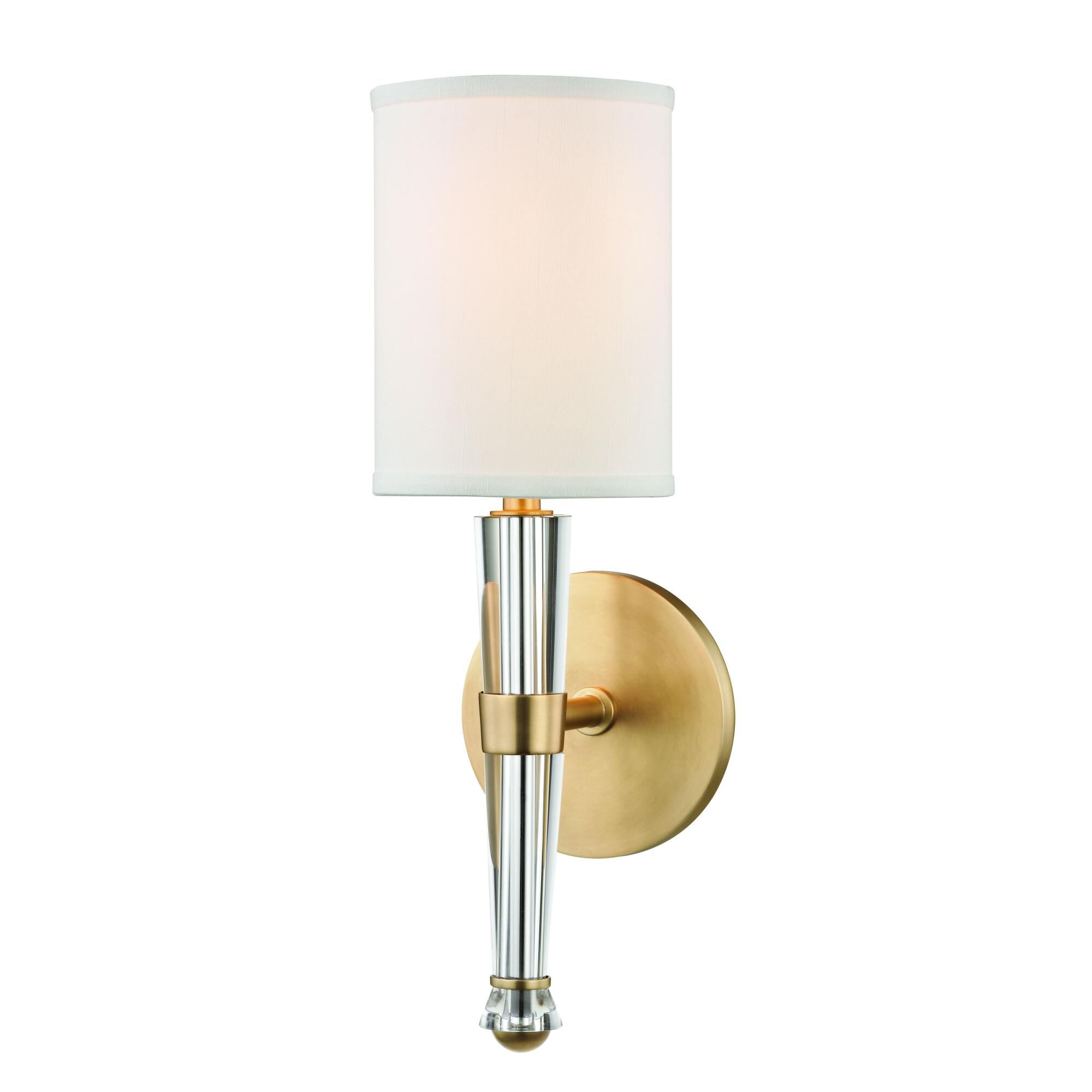 Shown in Aged Brass finish and Clear crystal and White Faux Silk shade